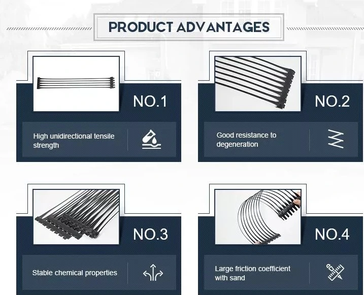 30kn 40kn Rejilla de malla de plástico PP Rejilla geoaxial uniaxial para el refuerzo de carreteras 4